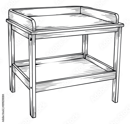 Engraved style outline drawing of a versatile wooden changing table with a secure upper surface and convenient lower storage shelf, ideal for infant care guides or furniture product
