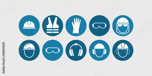 Essential PPE Safety Equipment Icons Pictogram Set for Construction and Manufacturing Personal Protection Signs Workplace Safety Compliance Regulations Hazard Prevention Head Protection Eye Protection
