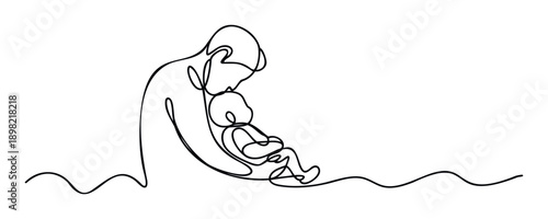 Monoline drawing of a parent tenderly holding a baby, symbolizing love, family bonding, and care, perfect for themes of parenthood and early childhood development projects.