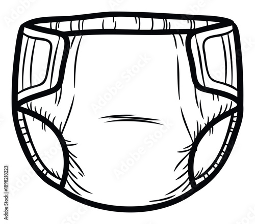 A simple black outline drawing of a disposable baby diaper provides a versatile graphic for childcare product packaging, parenting blogs, or hygiene information materials.