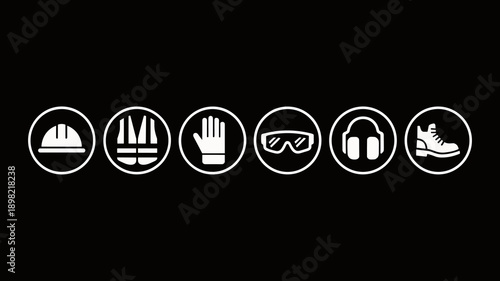 Safety Equipment Icons Set in White Circles on Black Background Representing Essential Worker Protection and Compliance for Construction Manufacturing Industrial Sectors Promoting Workplace Health and
