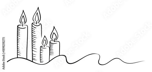 A simple continuous line drawing of four burning candles arranged on a wavy line symbolizing hope, remembrance, and celebration, suitable for event invitations or religious observance