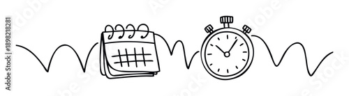 Efficient time management and project scheduling concept with a doodle style calendar and stopwatch linked by a wavy line, suitable for business presentations and productivity planning