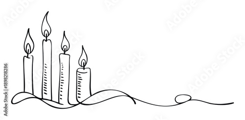 Hand drawn continuous line art illustration of four burning candles arranged with an elegant flowing swirl, perfect for creating holiday greeting cards, spiritual themed events, or peaceful