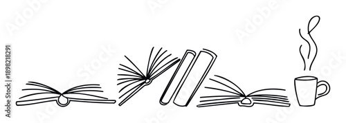 Stylized monochrome continuous line artwork depicting open books and a hot beverage mug, ideal for literary blogs, study guides, or reading promotion materials.
