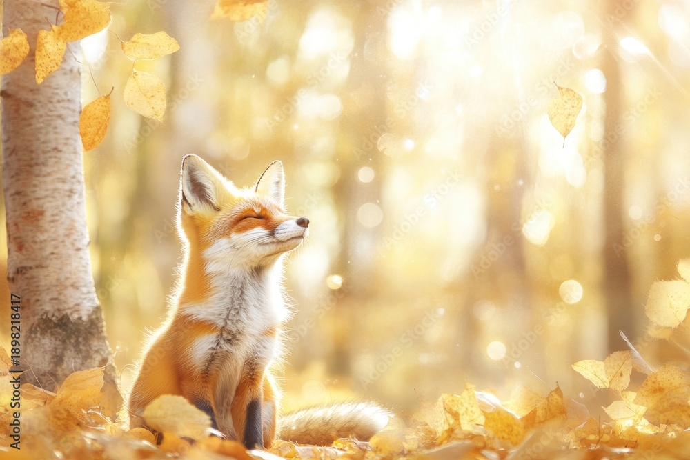 Obraz premium Adorable fox cub in autumn leaves with sunlit bokeh background