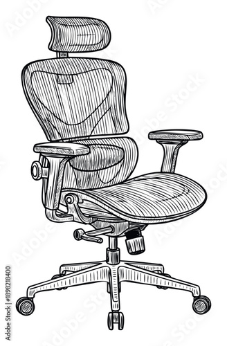 Modern ergonomic office chair with adjustable features rendered in a bold black and white printmaking technique suitable for business publications or furnishing catalogs