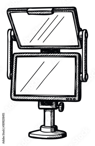 A handdrawn black and white sketch of an adjustable doublesided vanity mirror on a stand, perfect for beauty product promotions, personal grooming articles, or cosmetic tutorials.