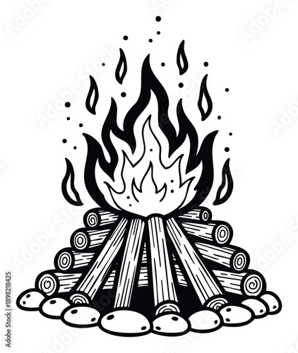 Hand drawn campfire illustration depicting a warm outdoor fire pit with glowing wood, ideal for rustic decor, camping themed designs, and cozy evening projects.