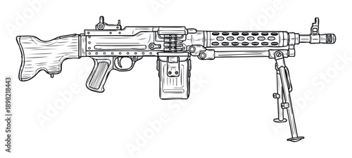 Highly detailed black and white line drawing of a vintage military machine gun equipped with a wooden stock and bipod, suitable for historical firearm reference materials and combat game