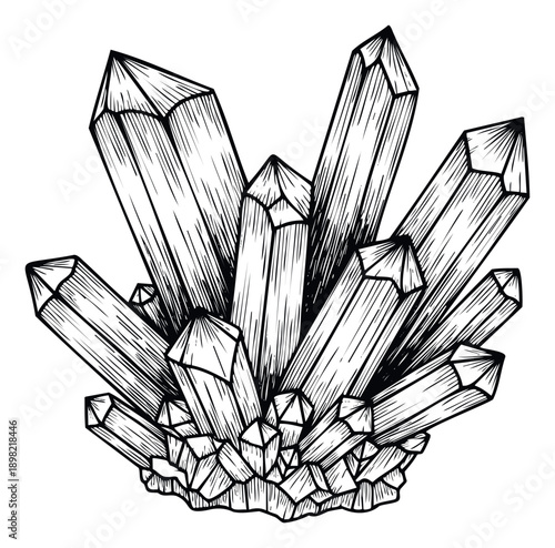 Detailed black and white engraving style illustration depicting a beautiful cluster of natural crystalline formations perfect for geology education materials or mystical spiritual themed