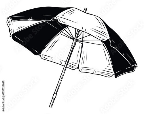 Classic striped beach umbrella providing ample shade for outdoor relaxation and summer activities, perfect for travel advertisements or resort brochures