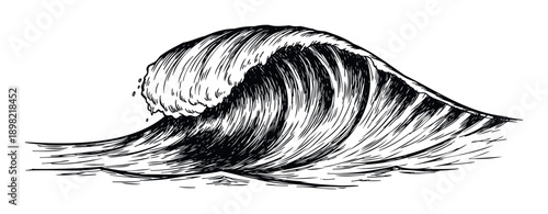 Powerful ocean wave cresting with turbulent water motion depicted in a striking graphic drawing style suitable for marine environment themes or impactful visual statements