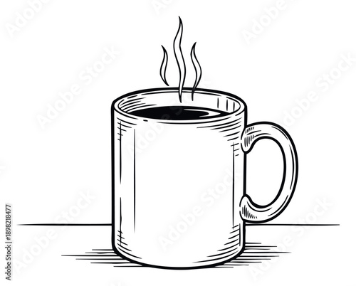 Hand drawn black and white sketch of a hot steaming coffee mug containing a dark beverage perfect for morning routine graphics or cafe menu presentations