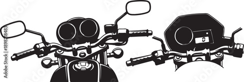 Two black and white illustrations of motorcycle handlebars and instrument panels