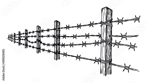 Perspective view of a barbed wire fence with sturdy wooden posts stretching into the distance, ideal for conveying themes of security, restriction, and historical division in various media