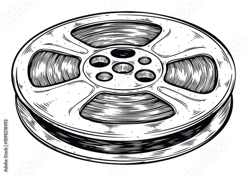 Hand drawn old movie film reel icon for cinema production history and motion picture entertainment industry related graphic projects