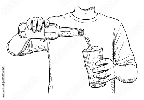 Sketch drawing showing hands pouring a refreshing sparkling beverage from a bottle into a glass, perfect for menu designs, bar signage, and beverage branding materials.