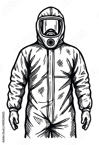 Protective hazmat suit with a full face respirator mask for essential workers providing safety from virus disease or chemical contamination during emergency situations