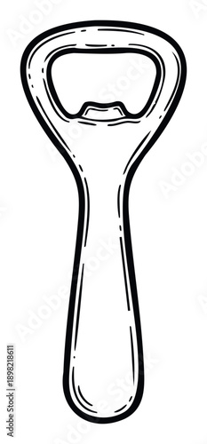 Simple black outline drawing of a classic metal bottle opener for opening beer bottles and soda drinks at parties, events, or in restaurant and bar settings