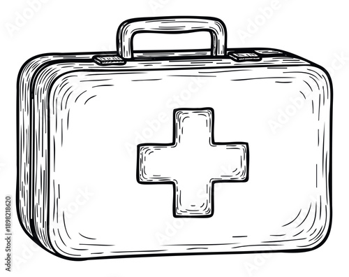 Essential first aid kit black and white drawing for emergency medical care health support and safety information in hospitals homes and travel situations