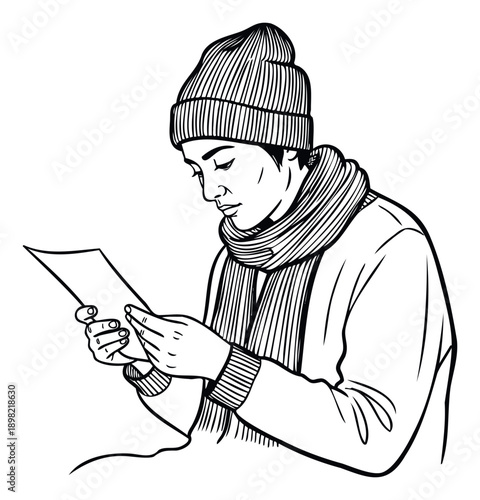 Young person dressed in warm winter clothing with a beanie hat and striped scarf intently studying a document or letter, ideal for educational or introspective project visuals.