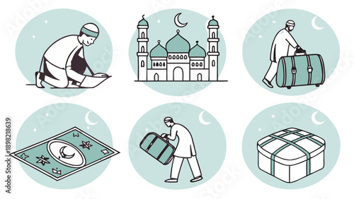 Minimalist Islamic Icon Set for Ramadan and Eid Homecoming Journey with Mosque and Luggage