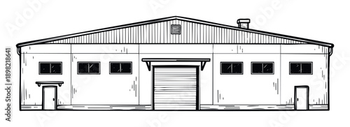 Industrial warehouse building sketch drawing featuring multiple windows, a large rolling door, and pedestrian entrances, perfect for architecture plans, business logistics presentations,