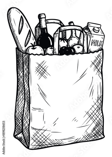 Hand drawn sketch of a grocery shopping bag overflowing with food items like bread, wine, milk, and fruit, suitable for market advertising and food service branding.