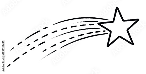 A dynamic black and white doodle of a shooting star with a curved dashed tail ideal for creating engaging graphic assets and inspirational visual content