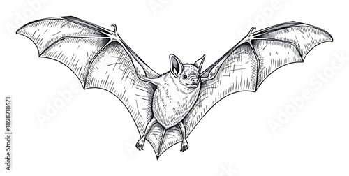 Detailed black and white sketch of a flying bat with spread wings, perfect for natural history projects, Halloween decor, or animal wildlife conservation advertisements