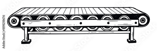 A black and white handdrawn sketch depicting an industrial conveyor belt system with rollers, ideal for illustrating material handling processes in manufacturing or logistics themed