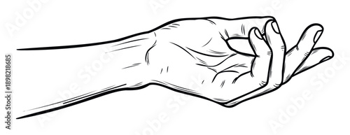 Line drawing of a human hand in a mudra or precise gesture, useful for conveying concepts of focus, holding, or spiritual connection in various media and instructional designs.