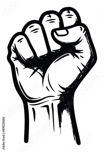 A powerful black and white graphic representation of a clenched fist symbolizing strength, solidarity, and activism for various movements and communication materials requiring impactful