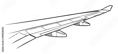Dynamic black and white line drawing of an airplane wing with visible engine and winglet, perfect for aviation industry presentations, travel agency advertisements, or educational materials