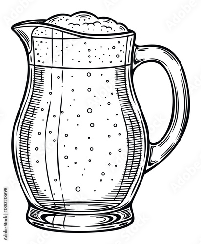 Vintage hand drawn pitcher filled with frothy bubbly liquid, perfect for beverage menus, drink advertisements, or rustic pub themed graphic resources.