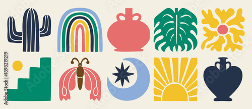 Hand drawn boho doodle icons with butterfly rainbow moon sun leaves vase cactus ladder