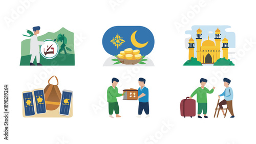 Islamic Festive Elements Set with Traditional Food, Mosque, and People Preparing for Eid