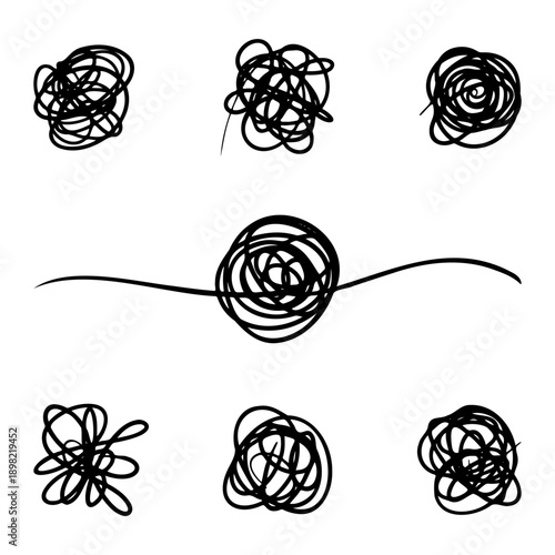 Set of hand drawn chaotic scribble lines and tangled circular shapes