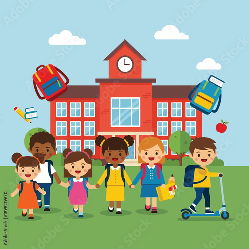 Diverse group of happy elementary school children walking to a red brick school building, ready for learning and friendship, under a bright blue sky