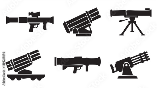 Set of black and white silhouettes of various landmines and explosive devices on a white background, military and war concept