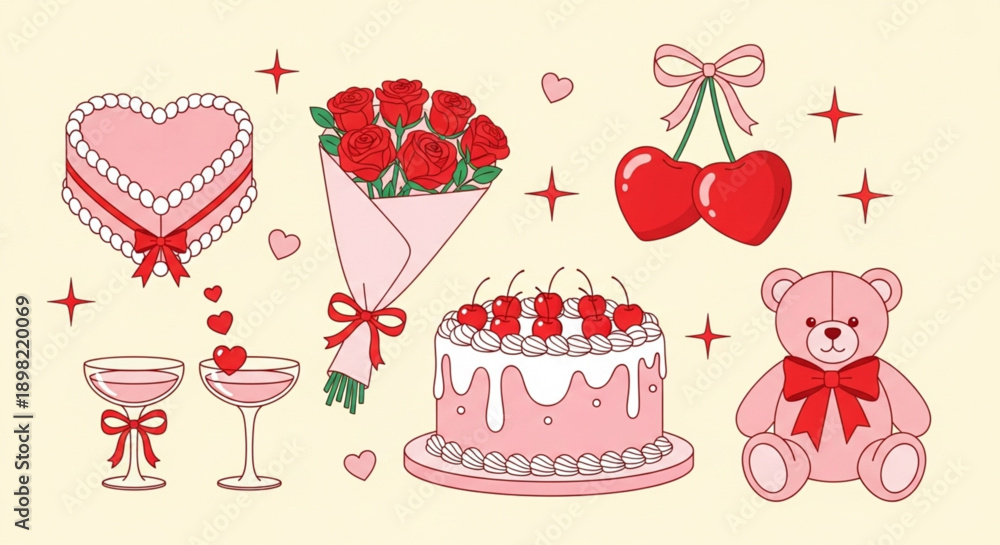 Naklejka premium Sweet romantic celebration with festive treats, charming gifts, and celebratory drinks perfect for Valentine's Day