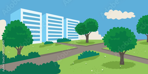 Modern City Buildings with Green Park Landscape Illustration. Urban Park with Office Buildings. Modern Cityscape. City Park Scene. 