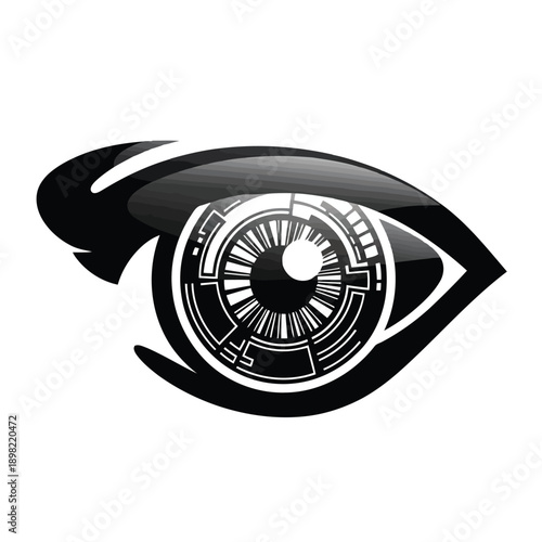 A stylized black and white eye with intricate mechanical gears inside