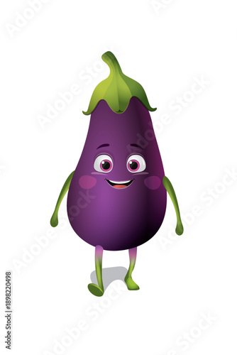 A cartoon eggplant character with big expressive eyes shyly, Pixar-style 3D design.