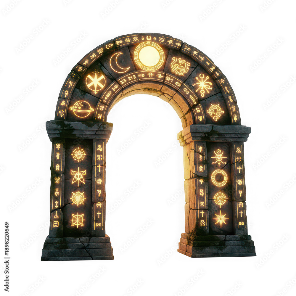 Fototapeta premium Ancient mystical archway with celestial symbols and golden accents isolated on transparent background
