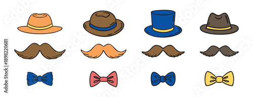 Set of mens hat mustache and bow tie variations, hand drawn doodle