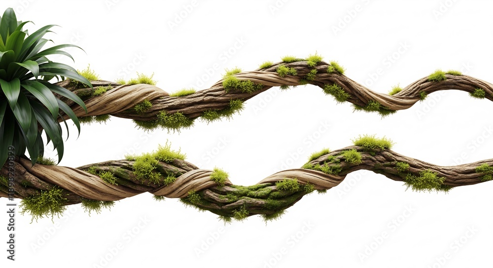 Naklejka premium Twisted tree branches with vibrant green moss and leaves