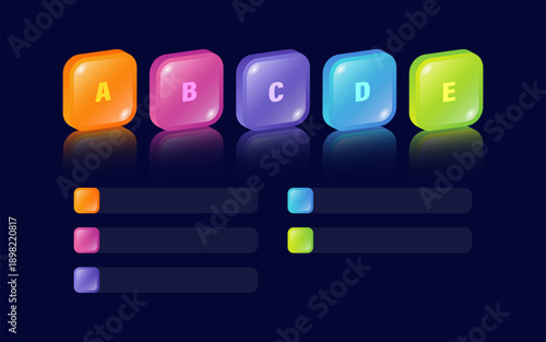Blank 3D template with colorful glowing blocks on dark blue background. Infographics, layout for visualization, instruction template