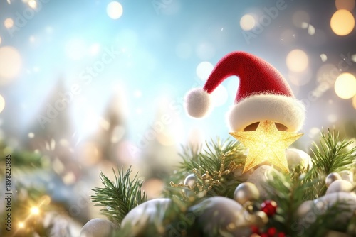 Festive christmas scene featuring santa hat and glowing star on evergreen branches